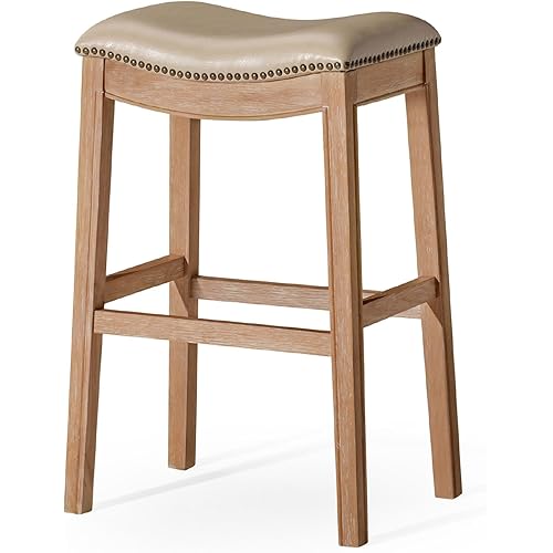 Maven Lane Adrien Backless Bar Stool – 31 Inch Saddle Seat with Footrest – Brown Solid Wood Frame & Beige Faux Leather Upholstery – Ideal for Bars, Pub Tables & Tall Kitchen Counters