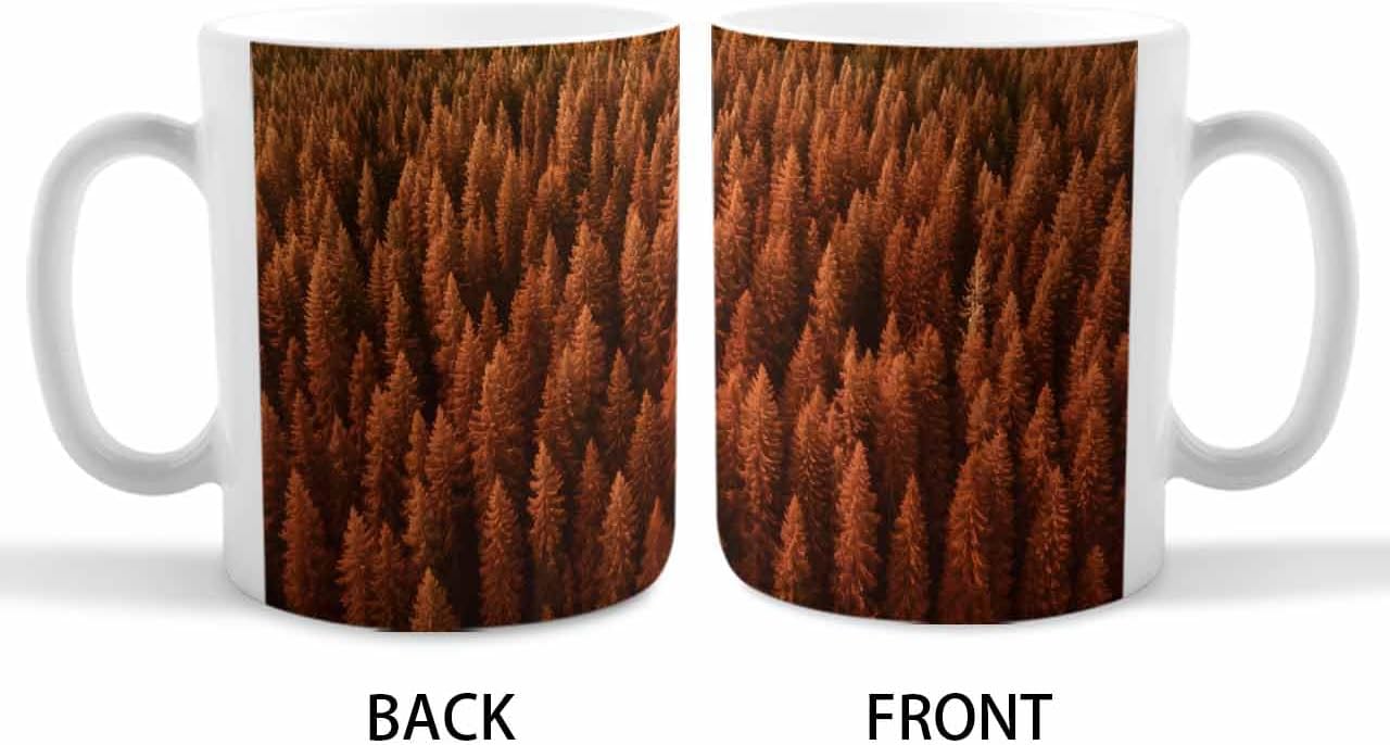 BEMIGO Ceramic Coffee Mug Orange Fall Forests Ceramic Mug White Cup, Pine Trees Insulated Coffee Cup with Handle with Pattern Perfect for Tea and Hot Beverages, 12oz