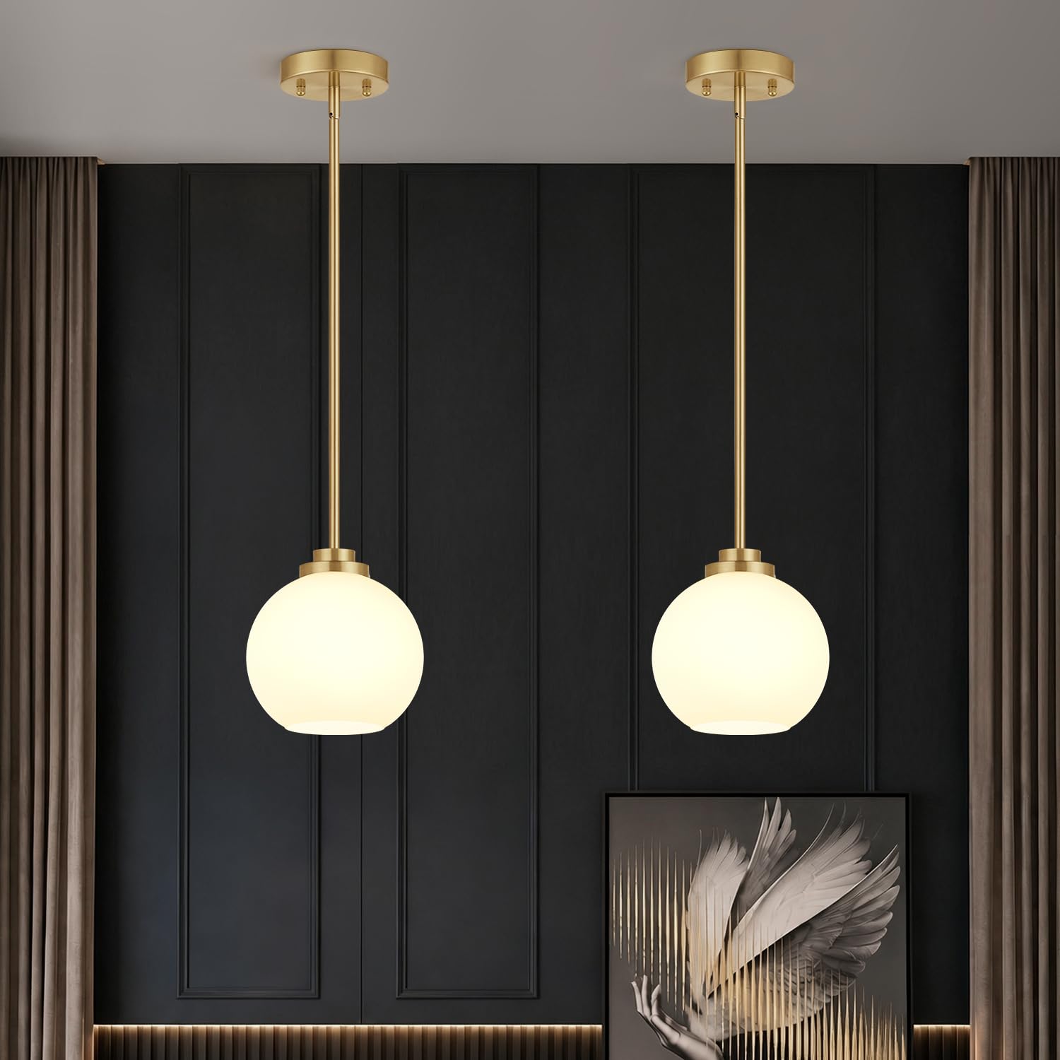 2 Pack Gold Globe Pendant Lights, Mid Century Gold Pendant Light Fixtures, Globe Pendant Lights Kitchen Island with Milk Glass Shade Adjustable Hanging Fixture for Dining Room (Bulbs not Included)
