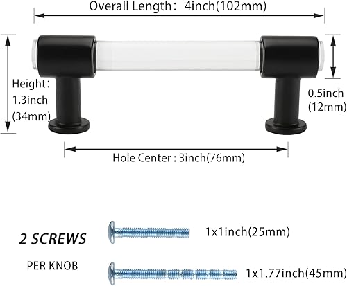 Miniatura 2 de Peaha Paquete de 25 tiradores acrílicos para cajones de 3 pulgadas, manijas de gabinete negras, tiradores de cajón transparentes, herrajes negros