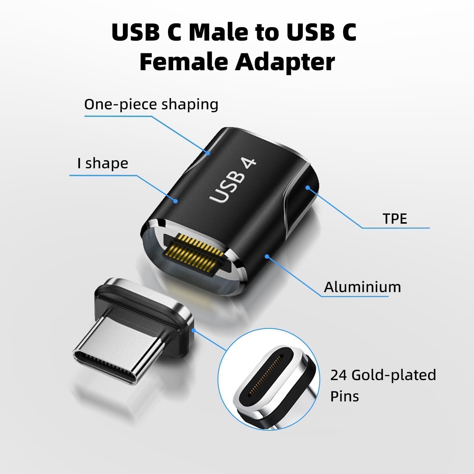 Adattatore Magnetico USB-C - 2 PACK Spinotto Magnetico Tipo C 240W 24 Pin con Velocità di Trasferimento 80 Gbps, Compatibile per iPhone 15/16/17 Pro/Max, iPad, MacBook, Galaxy S24 S23 - Nero