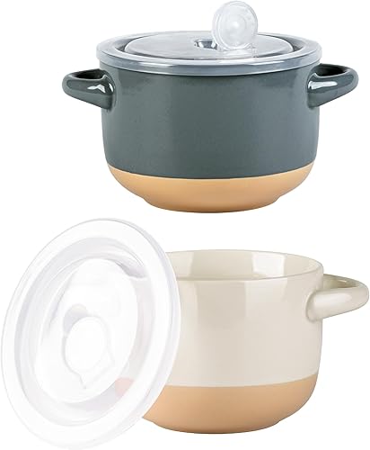 AmorArc Juego de 2 cuencos de sopa de 24 onzas con asas grandes y tapas, cuencos de cerámica para sopa, cereales, guisos, fideos, coloridos cuencos