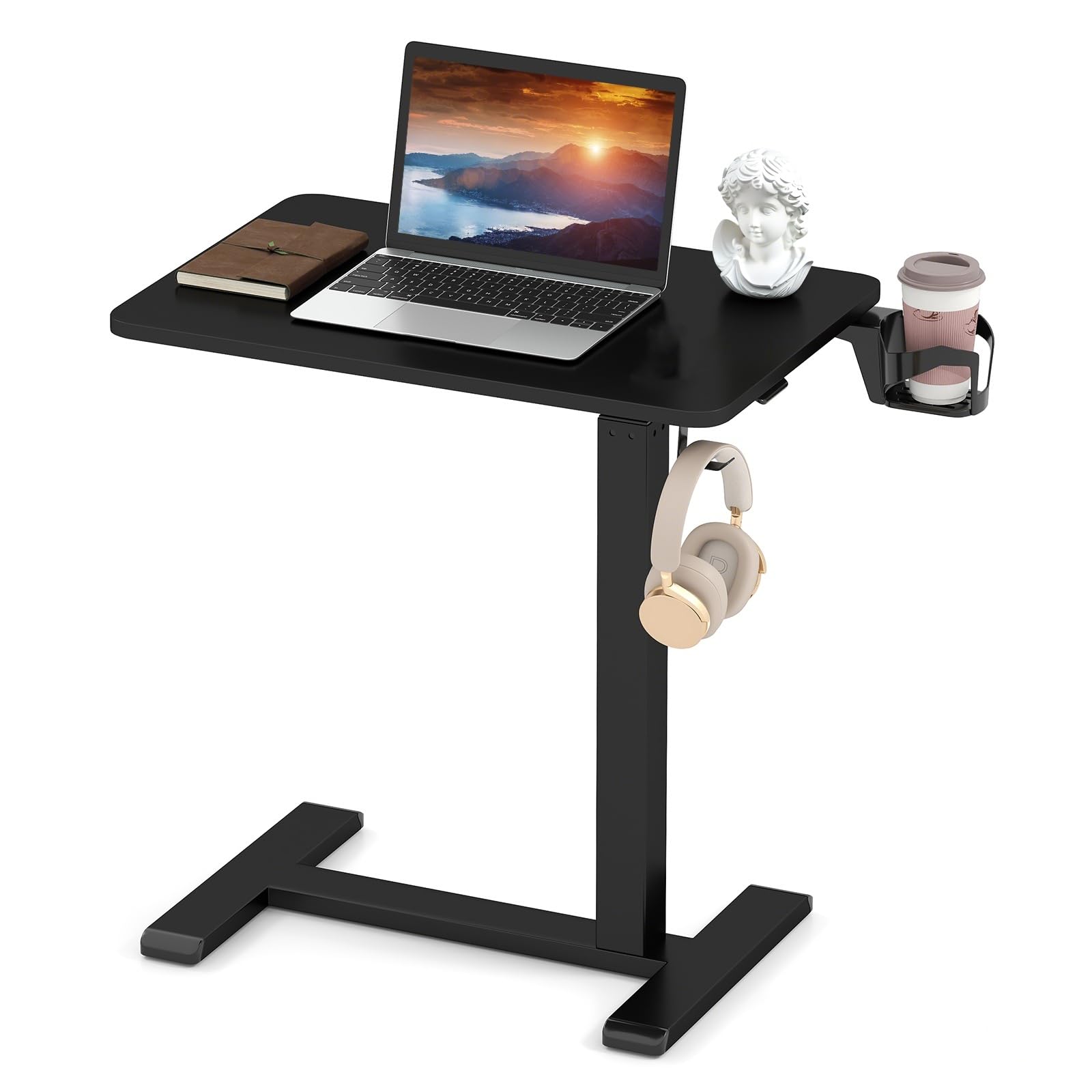 LIFEZEAL Tavolino da Divano a Forma di C, Altezza Regolabile, Tavolino Laterale per Letto, con Ruote Nascoste, Portabicchiere, Ganci Cuffie, Porta Laptop, PC, Serviletto, Soggiorno, Salotto (nero)