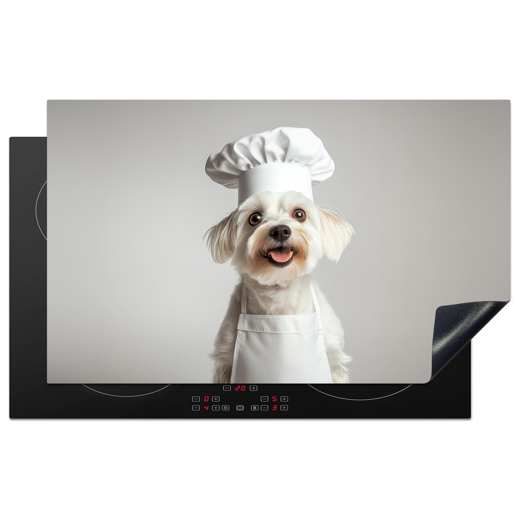 KitchenYeah© Induction Hob Protector Mat 20.5"x33.5" / 85x52 cm Cooker Top Protectors Cover Ceramic Covers Electric Hobs Vinyl Dog - White - Chefs Hat