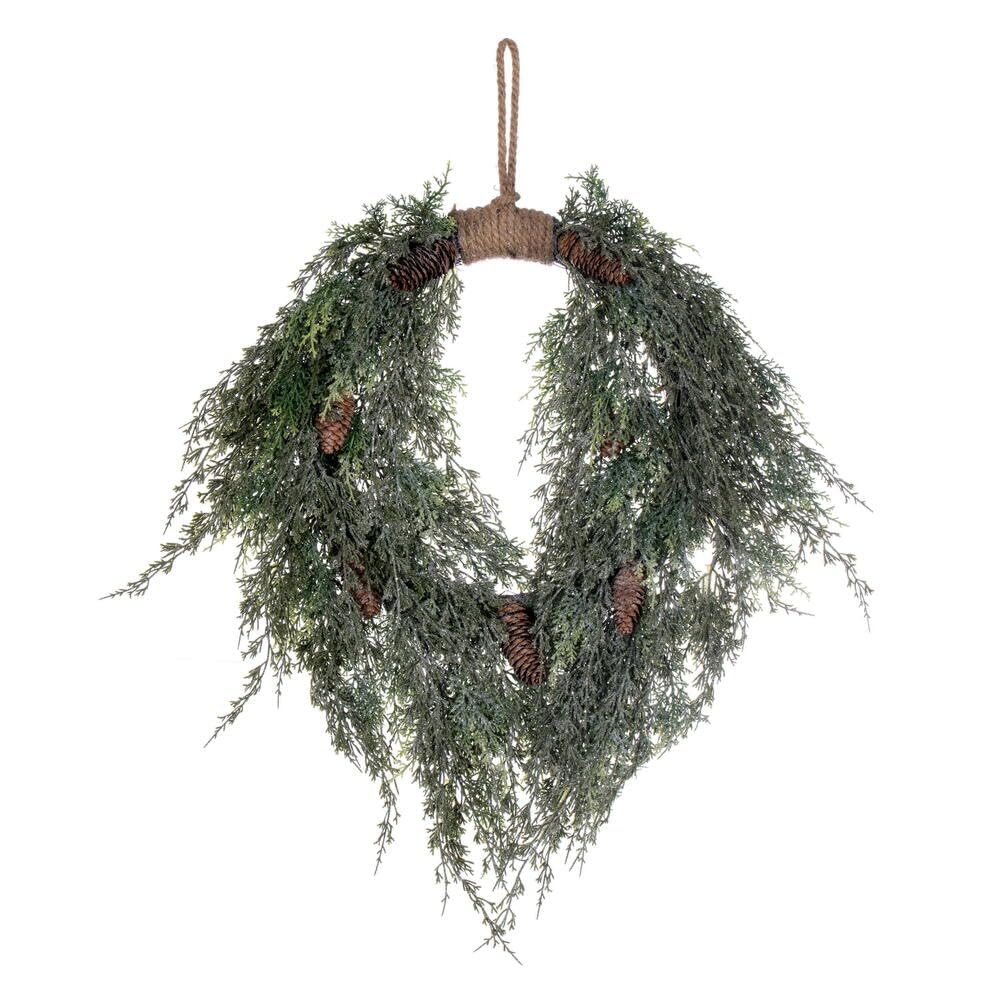 Vickerman 24" Artificial Snow Cedar Hanging Wreath with Pinecones - Cedar Foliage with Pinecones - Rustic Looking Wreath - Wreath for Front Door or Mantel - Artificial Christmas Wreath