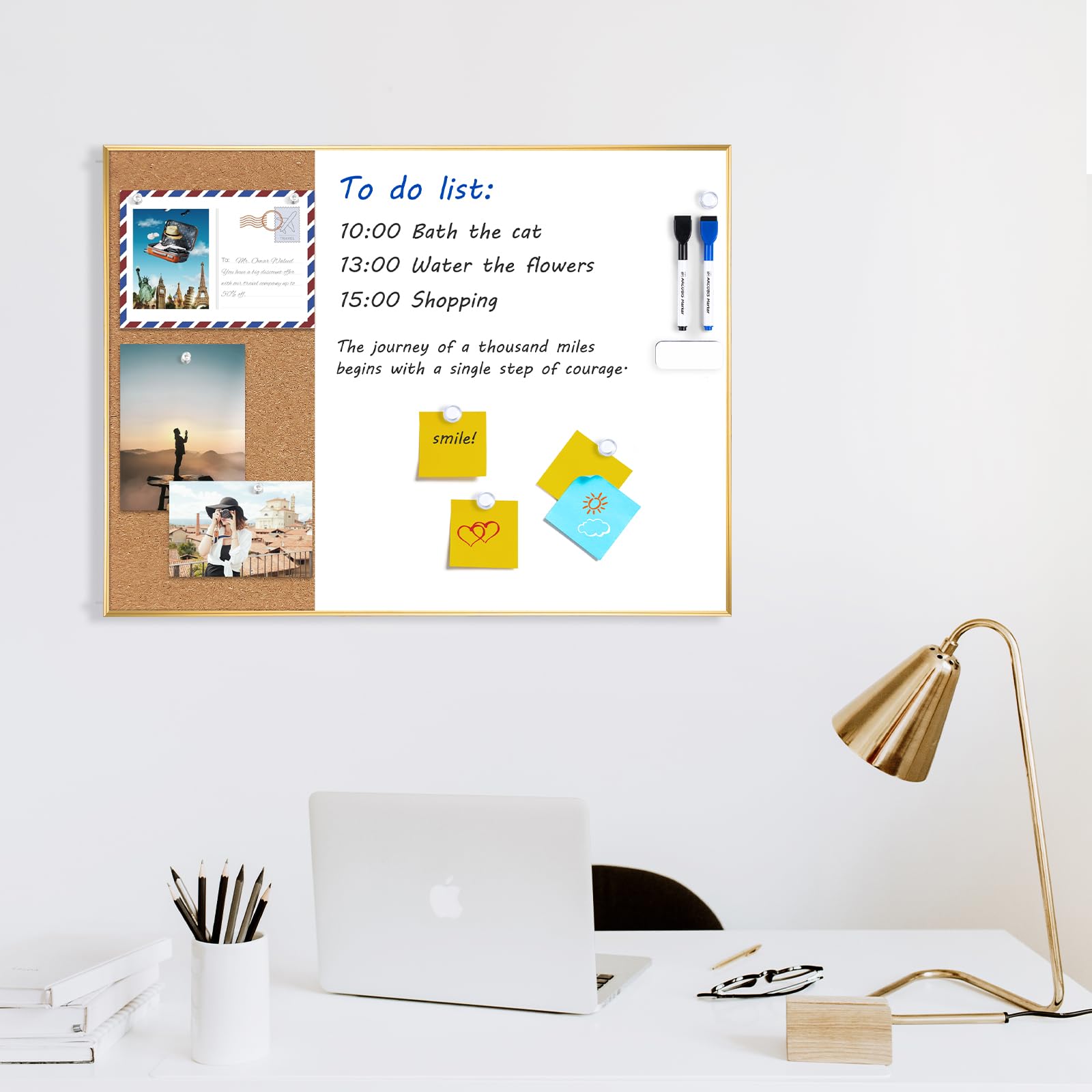 ARCOBIS trocken abwischbare Korktafel-Kombination, 60 x 45 cm, Bulletin Whiteboard für die Wand, magnetische Korktafel, Whiteboard-Kombination, Vision Board für Büro, Zuhause, Schule, Goldrahmen