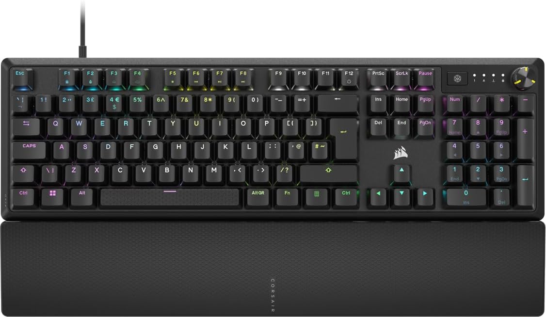 CORSAIR K70 CORE RGB Mechanical Wired Gaming Keyboard with Palmrest – Pre-Lubed MLX Red Linear Switches, SOCD, ABS Painted Keycaps, Sound Dampening, Media Control Dial, QWERTY UK – Black
