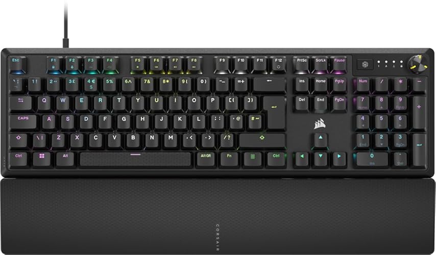 CORSAIR K70 CORE RGB Mechanical Wired Gaming Keyboard with Palmrest – Pre-Lubed MLX Red Linear Switches, SOCD, ABS Painted Keycaps, Sound Dampening, Media Control Dial, QWERTY UK – Black