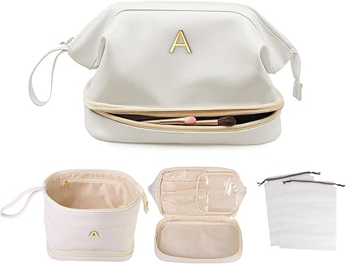 Vogewood Bolsa de maquillaje grande con inicial, bolsa de cosméticos personalizada de doble capa con organizador de brochas de maquillaje,