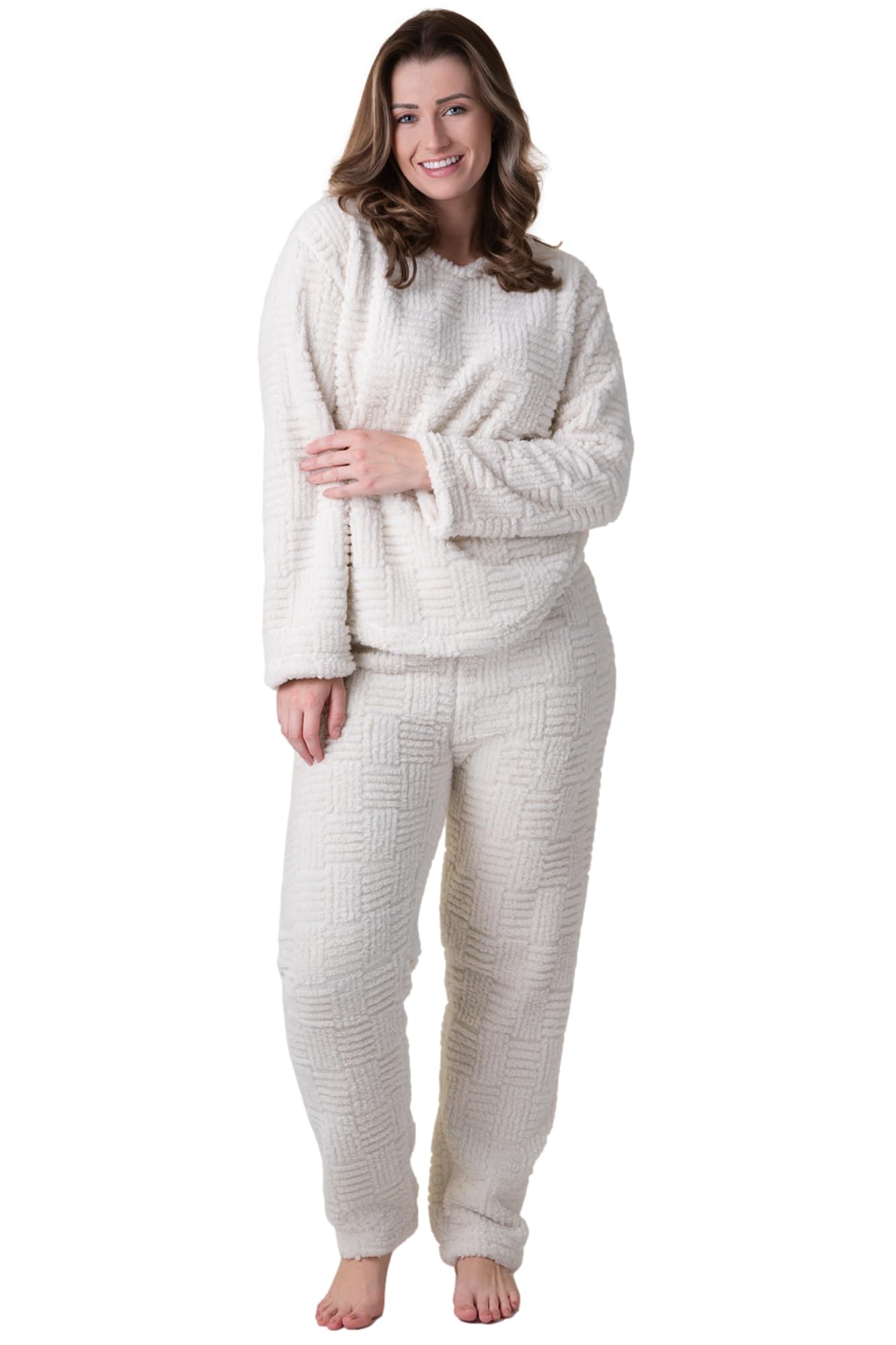 Camille Womens Supersoft Textured Woven Pattern Fleece Pyjamas in Cream | Size: 14-16
