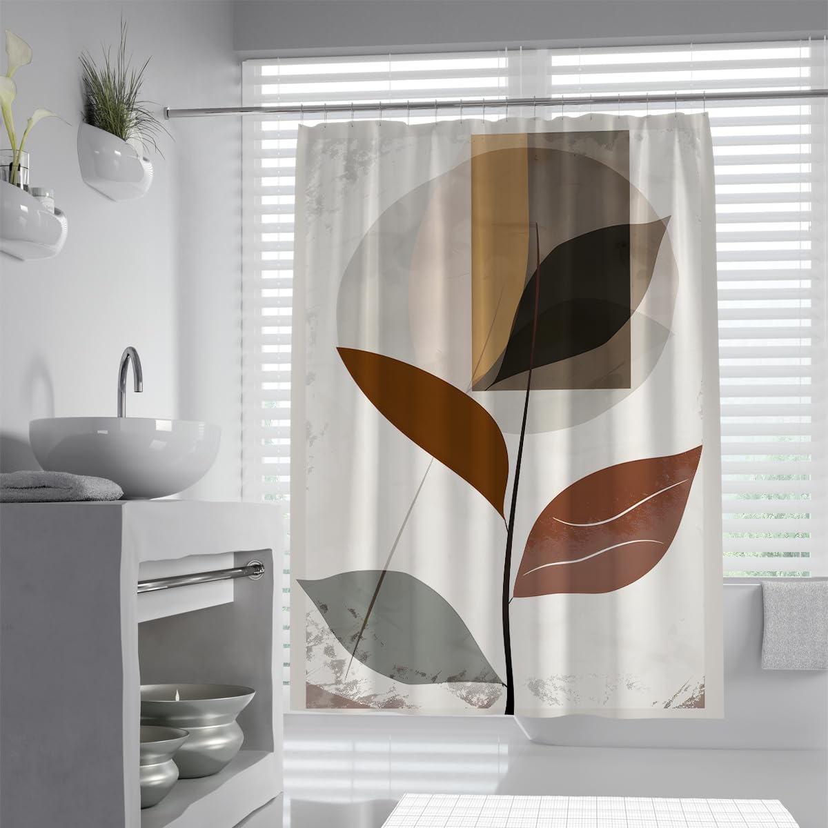 UIRINGART Modernist Shower Curtain W120xL200cm Abstract Geometric Plant Branch and Rectangle Layered Shield Mildew Mould Resistant Polyester Fabric Bathroom Curtains