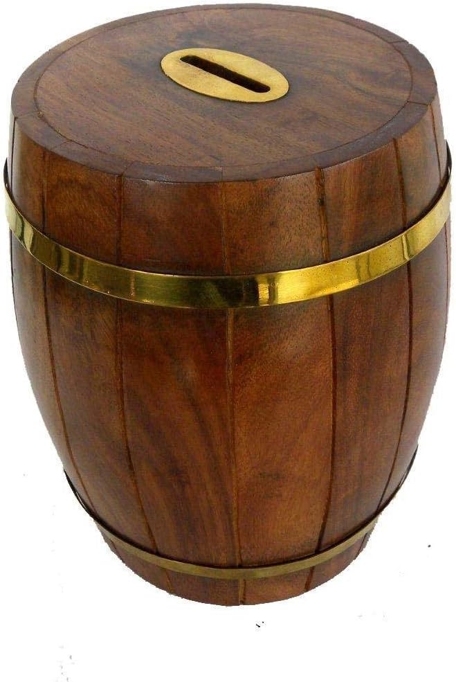 Indian Wooden Hand Made Brass Ftd Money Bank Dholki/Christmas Size:- (Inche) 7.5x6x6