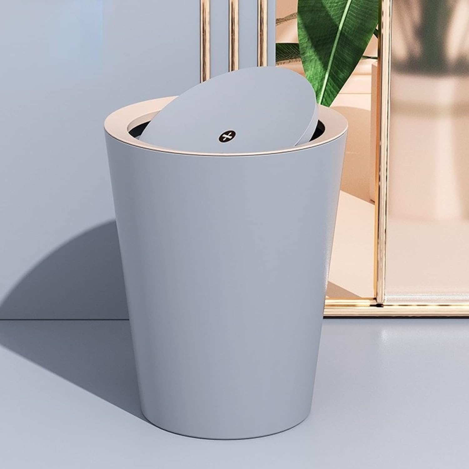 Trash Can with Swing Lid, Stylish&Durable Rubbish bin for Cupboard/Bathroom/Bedroom/Office/Camping, Indoor/Outdoor Use, 7.5L Grey