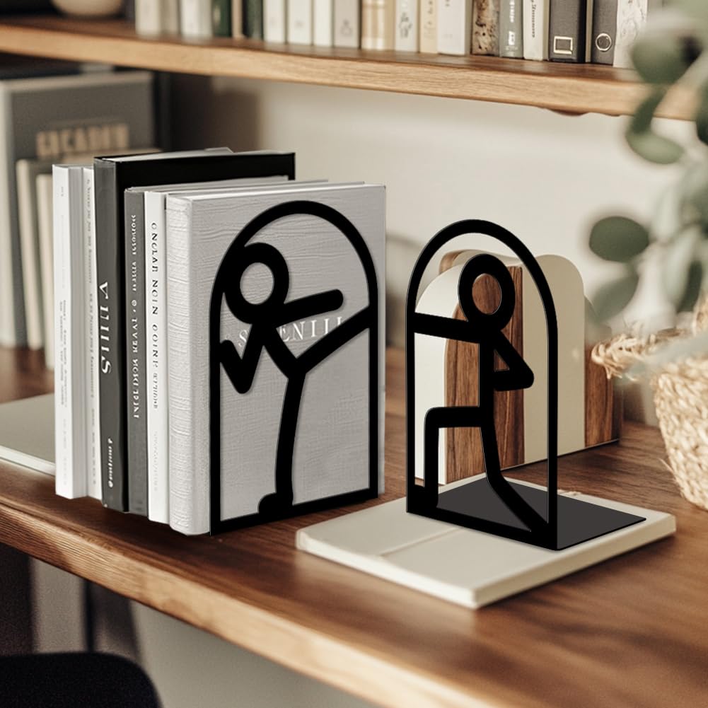 Peacoblue Lot de 2 Serre-Livres en métal, Serre Livre Bonhomme Bâton,avec Autocollants antidérapants pour Chambre à Coucher, bibliothèque, Bureau, école et Bureau(1 Paires)