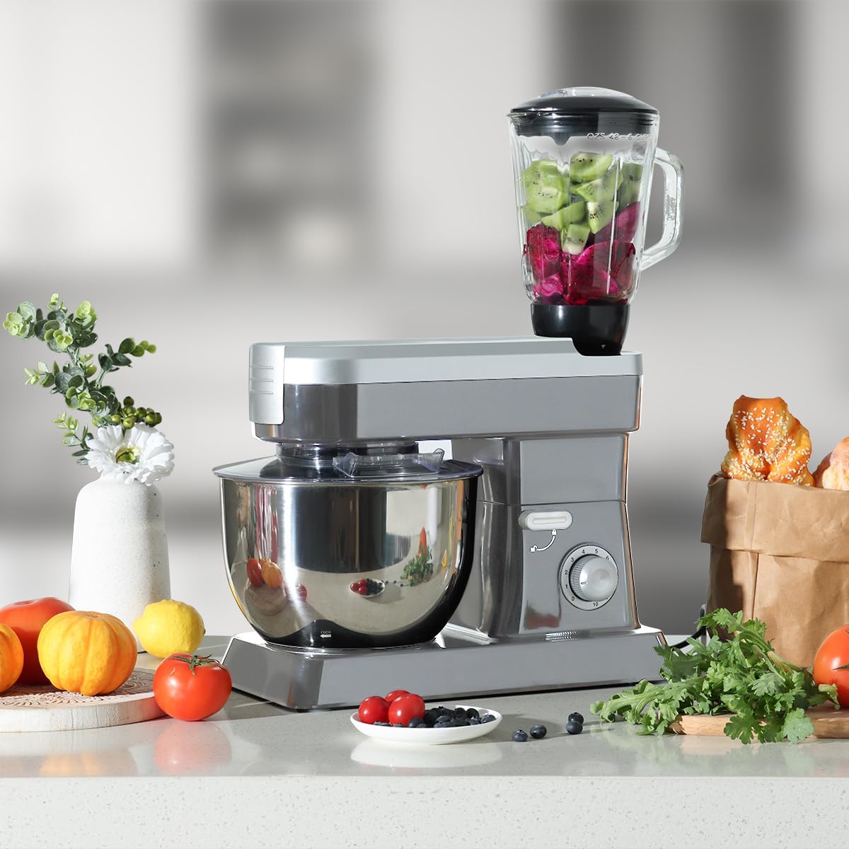 Swiss Pro+ SP-PKM1900S with blender attachment filled with fruit