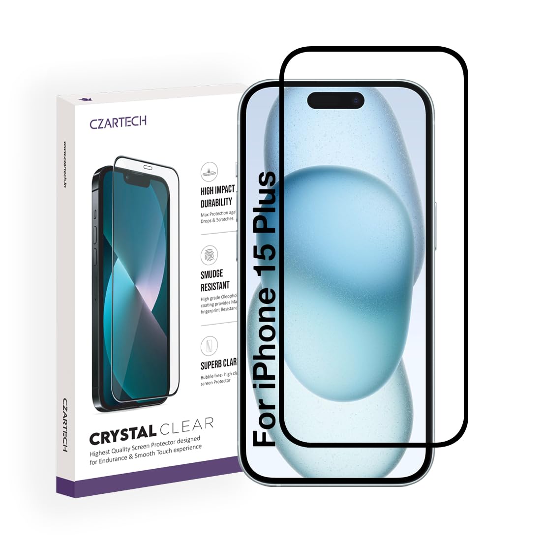 CZARTECH Tempered Glass for iPhone 15 Plus Screen Guard Protector Edge to Edge with Easy Cleaning Kit (Pack of 1)-image-10