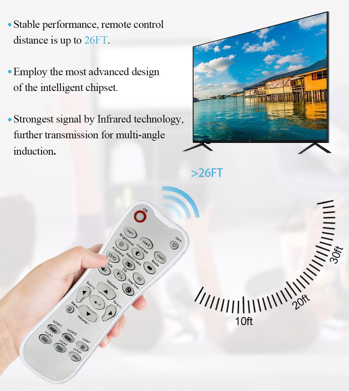 Remote control in hand, with an illustration showing signal transmission up to 26 feet to a television screen.