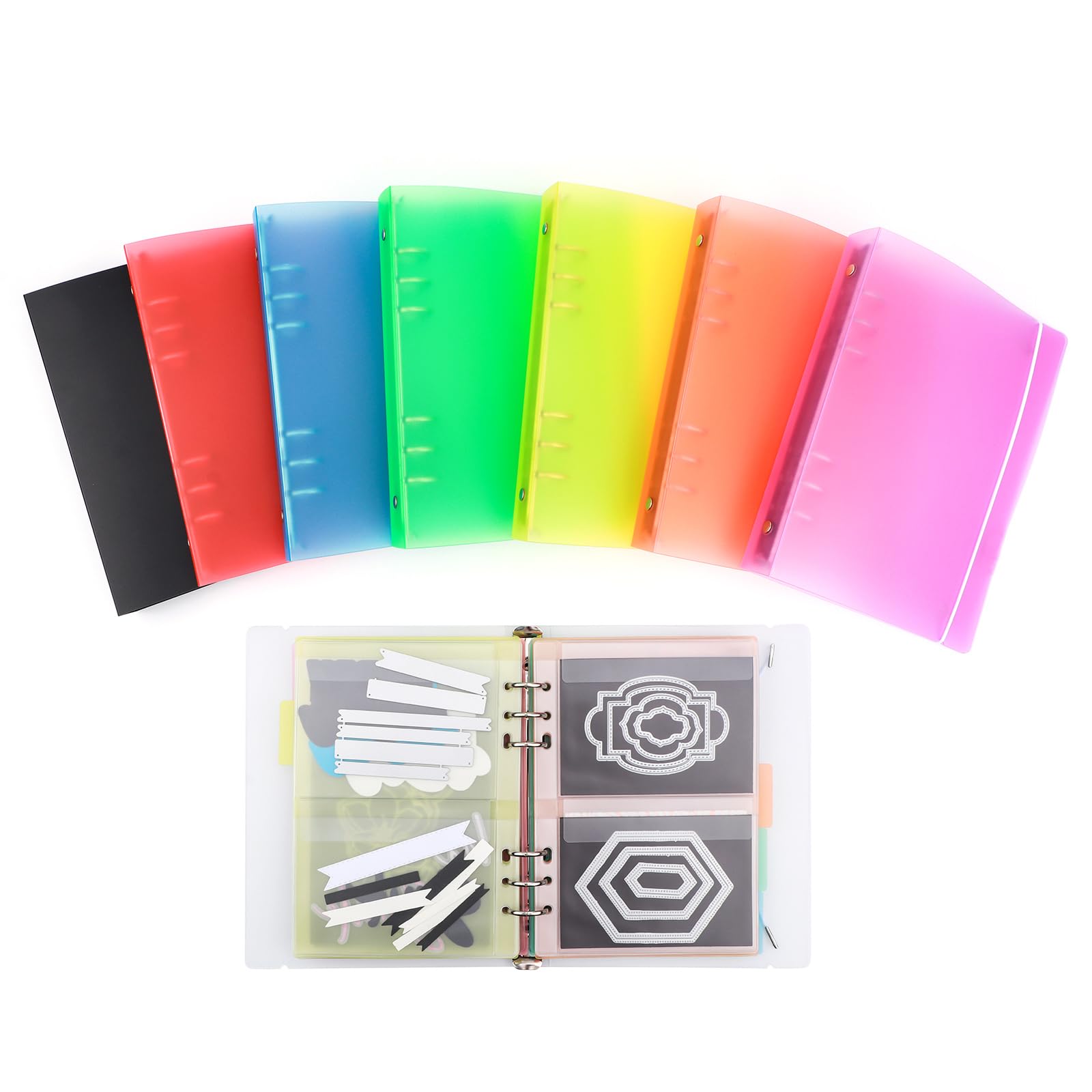 BAOFALI Set di 8 raccoglitori ad anelli, formato A5, in morbido PVC trasparente, per quaderni ricaricabili, con superficie opaca per conservare timbri e fustelle (8 colori)