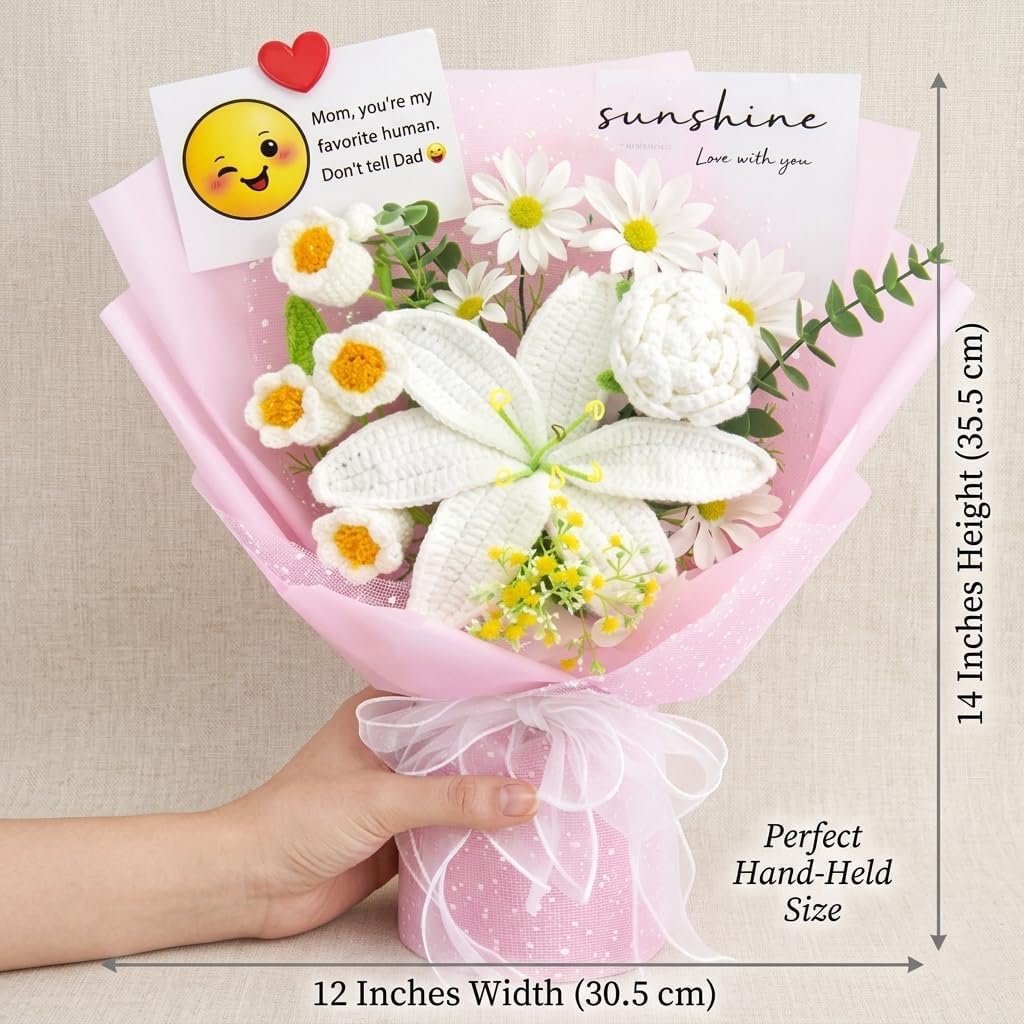 Crochet Flowers Bouquet, Handmade Crochet Flower Bouquet of White Lily & Roses with Funny Cards & Gift Bag, Forever Flowers Gift for Mom, Mother’s Day,Birthday