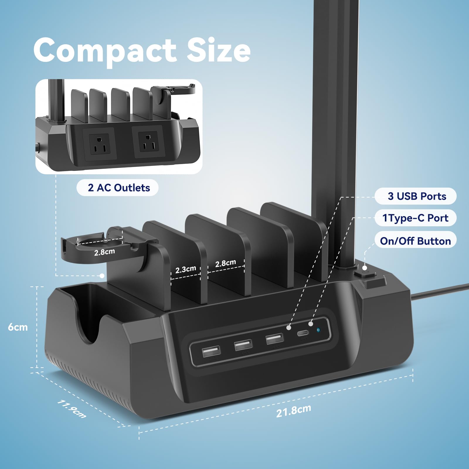 KDD Stazione di ricarica con 6 cavi di ricarica – Dock di ricarica rapida 6 in 1 per cellulare con supporto per cuffie e supporto per orologio, 2 AC e USB A e USB C, stazione di archiviazione per