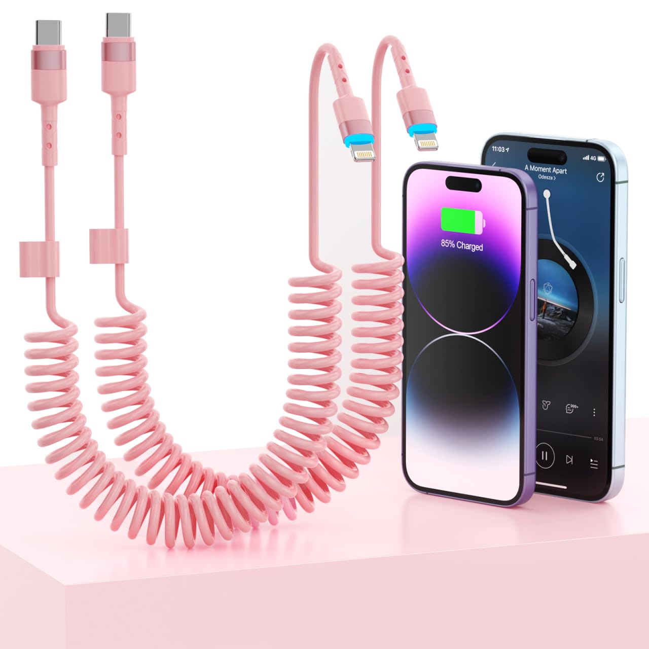 2Pack CarPlay USB-C to Lightning iPhone USB Coiled Charger Cable for Car/Uber,4Ft Apple Short Charging Cord Sync Data Retractable Charger Connector for iPhone14/13/12/11 SE/Xr/iPad[MFi Certified]-Pink