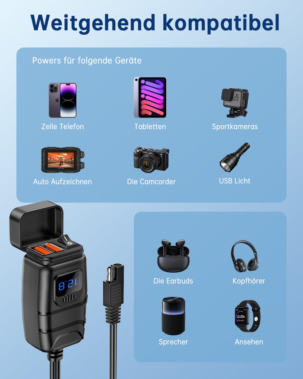 ZEXMTE Chargeur USB pour moto, 6,8 A, charge rapide 3.0, double USB, avec voltmètre et interrupteur marche/arrêt, prise de moto étanche pour téléphones, tablettes, appareils photo numériques, GPS
