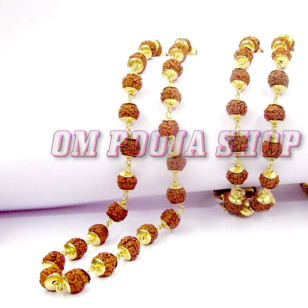 Om Pooja Shop8mm 5 Mukhi Authentic Rudraksha Mala in Brass Cap for Mantra Jaap