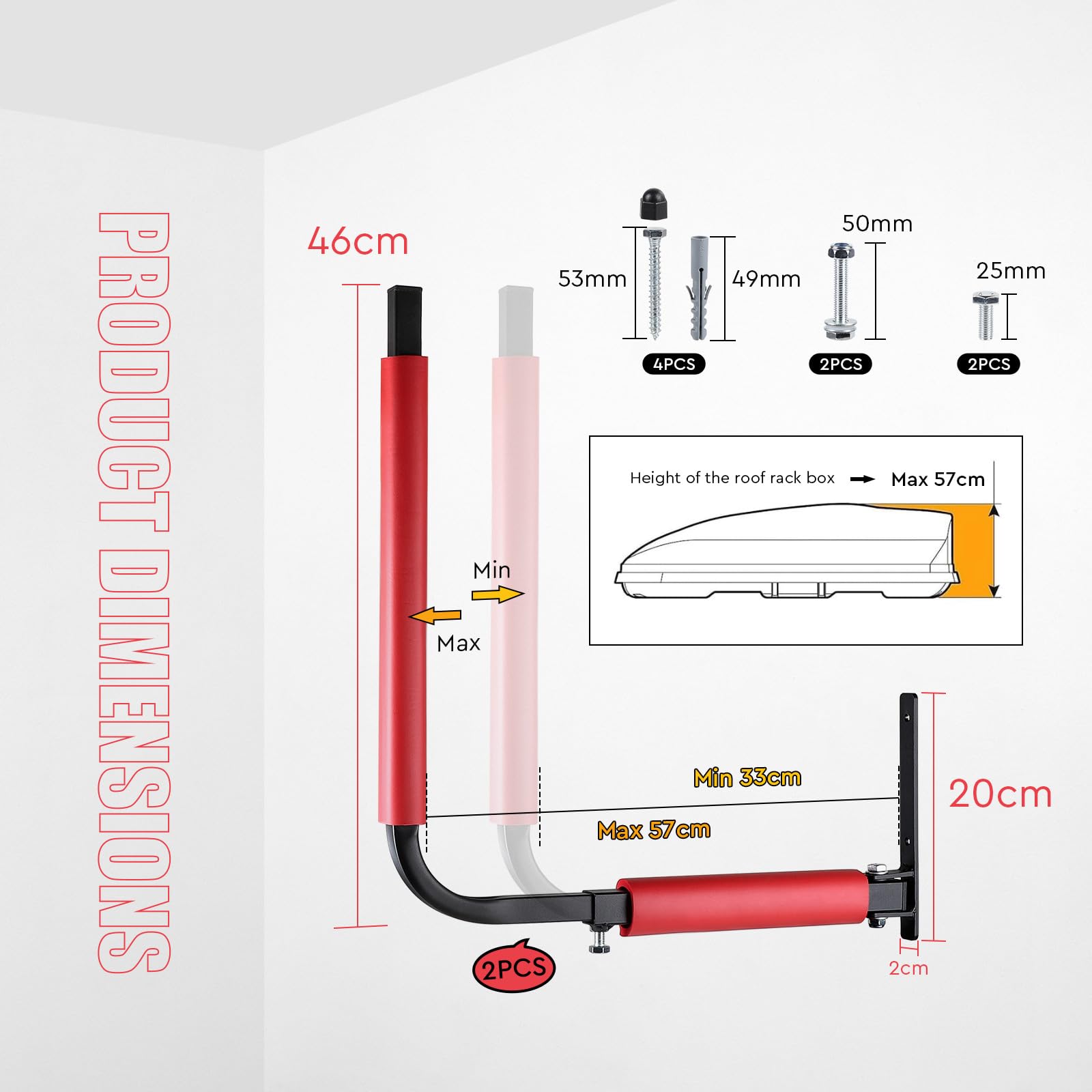SWAWIS 1 Coppia Supporti da Parete per Box Tetto in Acciaio, con Schiuma Anti-Graffio, Regolabile 33-57 cm, Portata Massima 50 kg, per Riporre Tavole da Surf, Paddle, Utensili da Giardino(Rosso)