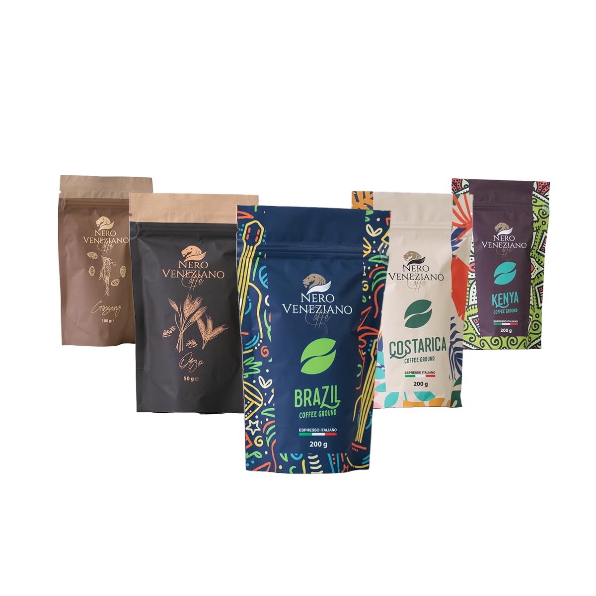 Nero Veneziano Caffè Kit Degustazione Macinato, 3x200 g Kenya, Costarica, Brazil, 1x50 g Orzo Solubile, 1x100 g Caffè Solubile Ginseng, Tostatura Media, Artigianale Italiano, Per MOKA