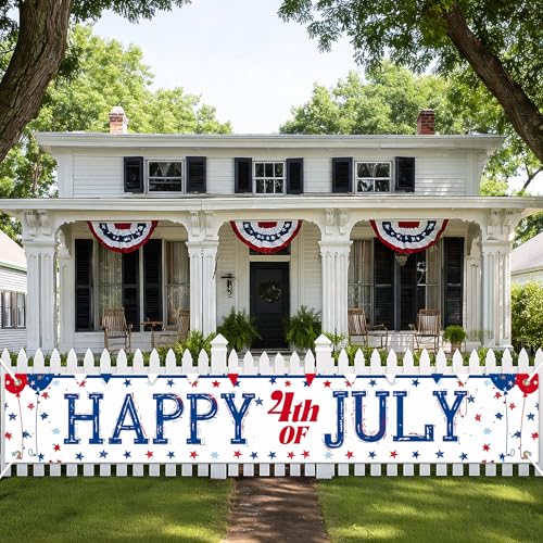 Image of BlissYard Happy 4th of July Banner Patriotic Banner for Outside 118 x 20 Inch Independence Day Decorations American Flag Banner for Yard Fence Porch Party Decor