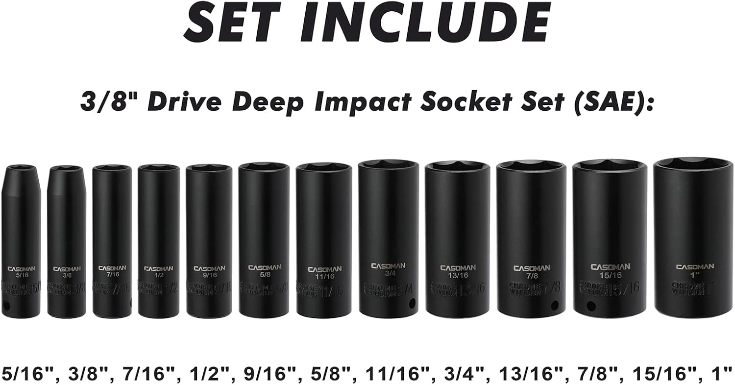 CASOMAN 12 Pieces 3/8-Inch Drive Impact Socket Set, 6-Point, SAE, Deep, CR-V, 5/16" to 1", Heavy Duty Blow Molded Storage Case