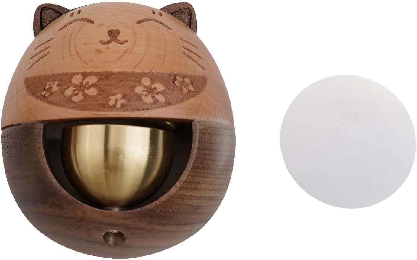Lucky Cat Doorbell with Melodious Chimes, Ebony Wood and Brass Entry Bell for Home Office Shop Cafe, Cute Japanese Wind Chime Decor for Door Window Fridge, Easy Inst Reminder, 8x7cm