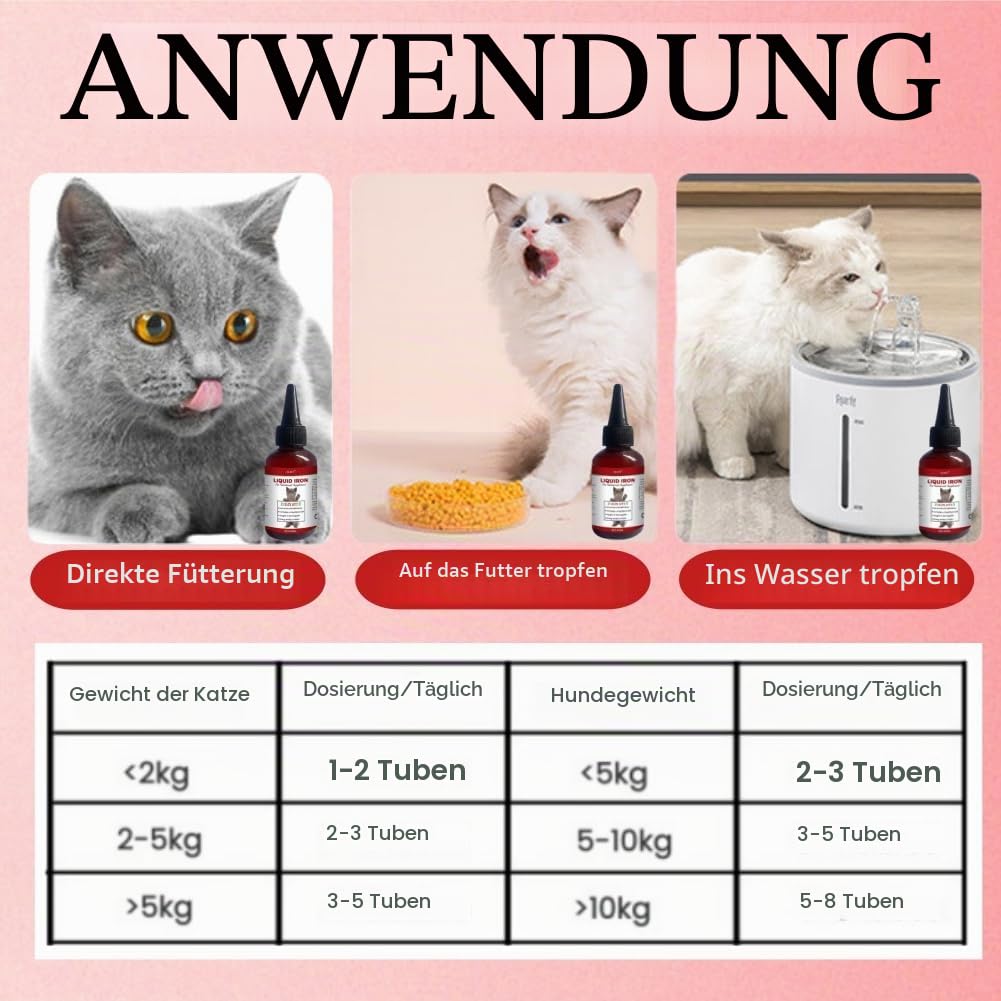 Flüssige Eisenpräparate für Katzen,2pcs Flüssiges Eisen Ergänzungen für Hunde,Hunde Eisen Tropfen mit Vitamin B12 & Folsäure,Katze Vitamine und Ergänzungen mit Vitamin C und B12,45ml