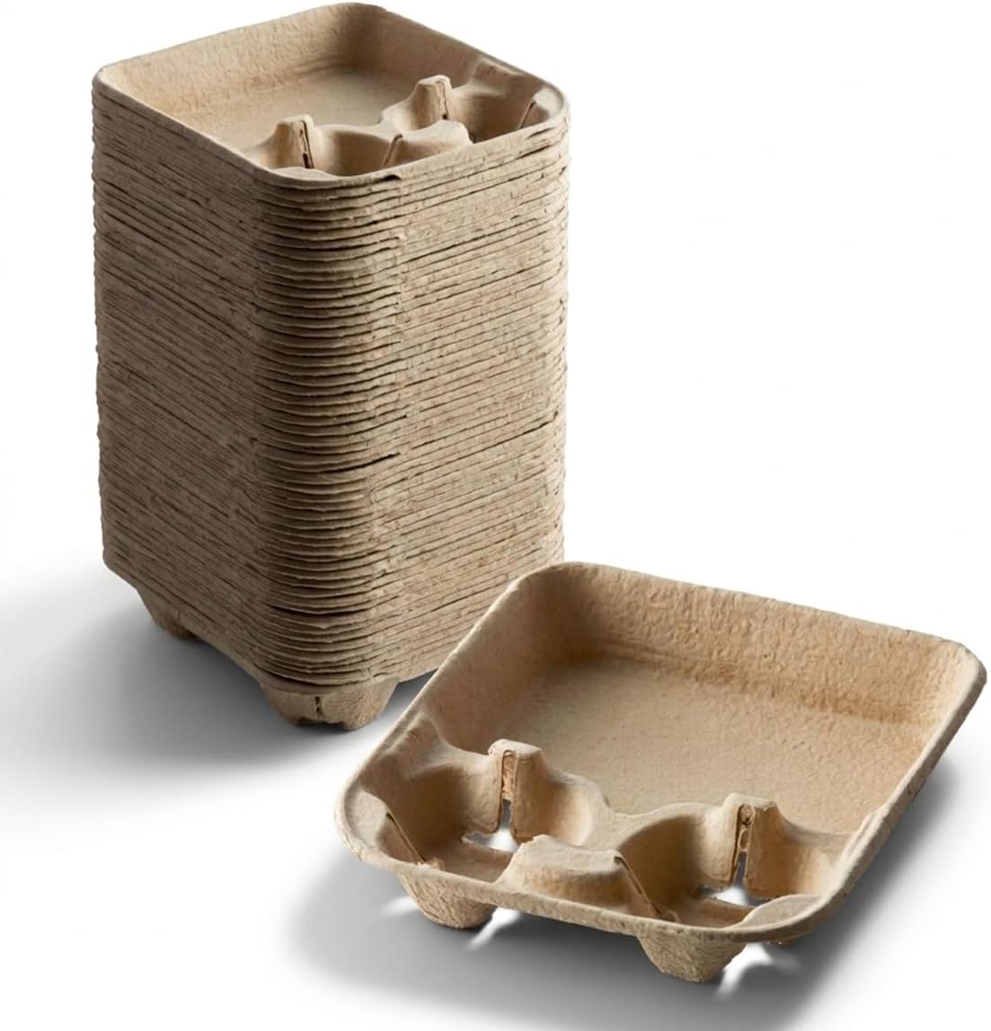 100 Pack 2 Cup Drink Carriers with Large Tray - Molded Fiber Beverage Holders for 24-44 oz Cups, Disposable Takeout Cup Carriers for Coffee, Smoothies & Cold Drinks