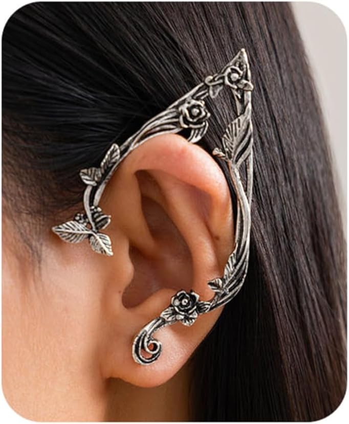 Gothic Elf Ear Cuffs Wrap 2Pcs for Women Silver Gold Cartilage Climber Piercing Earrings Floral Vine Punk Clip-On Statement Retro Jewelry Unique Halloween