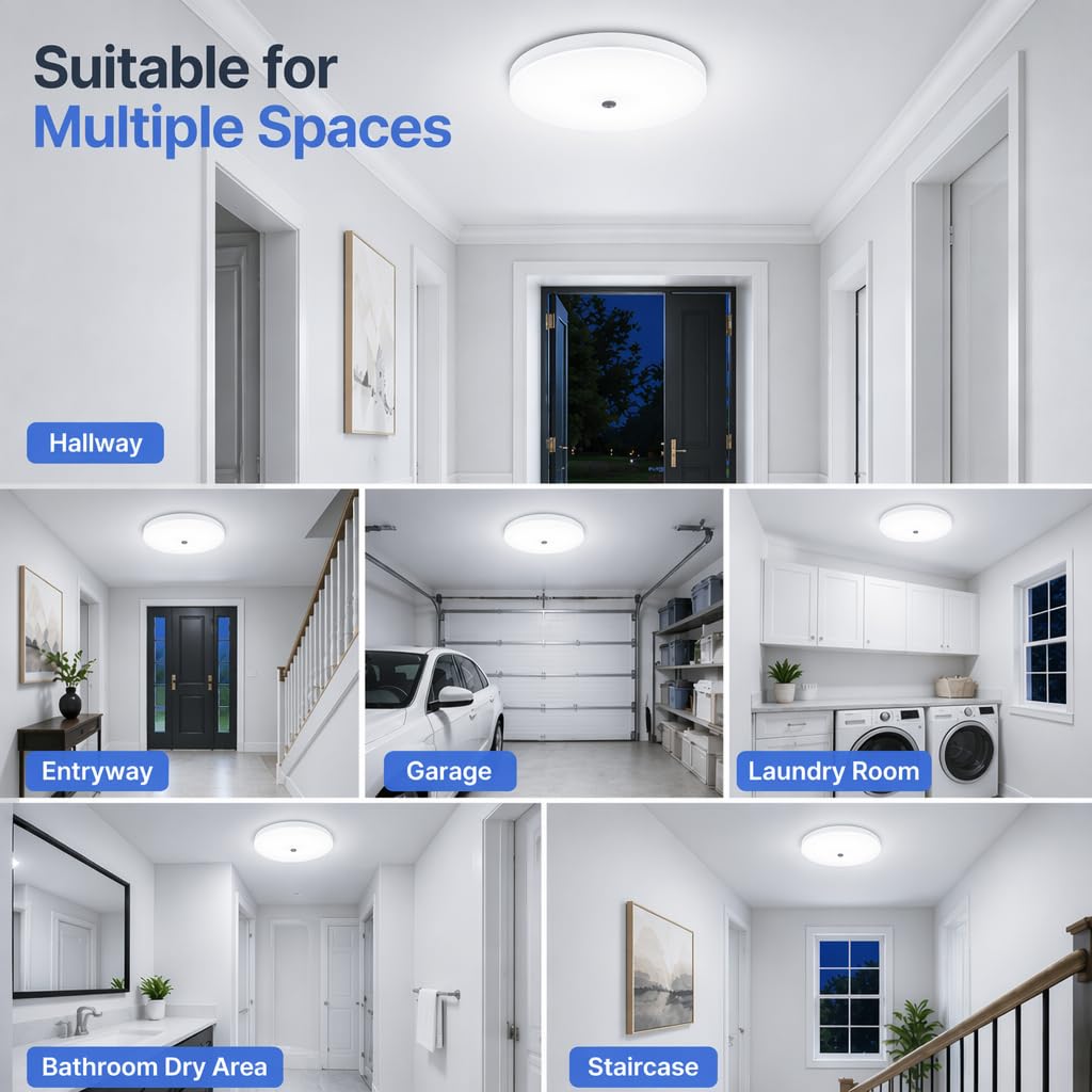 LED Deckenleuchte mit Bewegungsmelder 24W 3240lm 6500K Weiß, 7er-Pack Ø32,2cm Deckenlampe Dämmerungssensor, Ideal für Flur Keller Garage 15-20㎡,Pack de 7 unidades