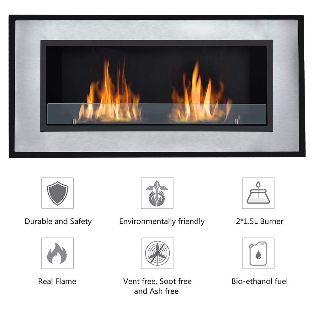 47'' Wall Mounted Recessed Bio Ethanol Fireplace Dual Burner Ventless