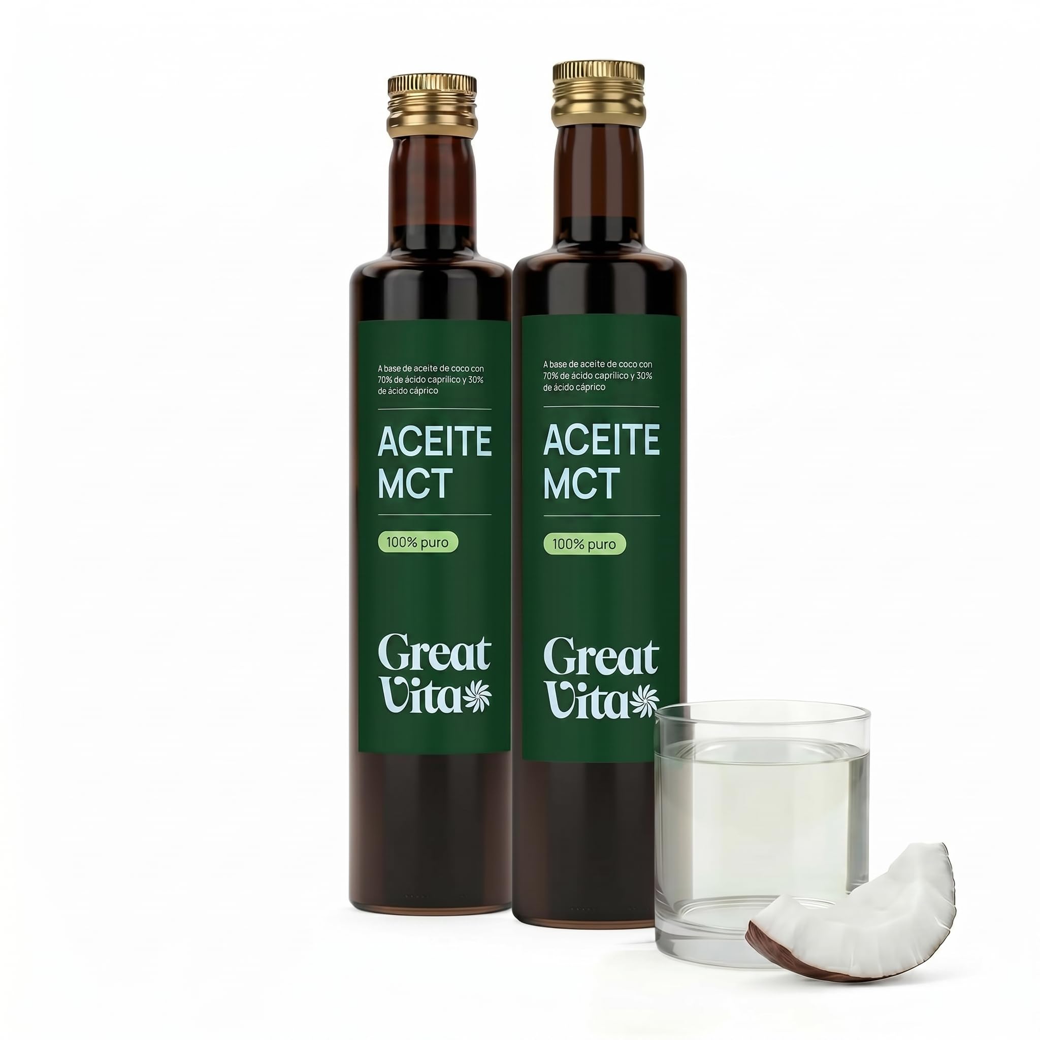 MeaVita Aceite MCT C8 + C10, MCT Oil 70% C8 - Pack 2x 500ml (1 Litro), Aceite de Coco para Café Bulletproof Keto