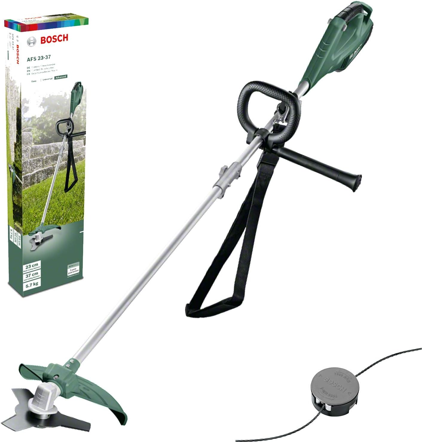 Bosch Strimmer AFS 23-37 (Three-Prong Blade, Spool for Cutting Line, 3x Cutting Lines, Auxiliary Handle, Protective Guard, Cardboard Box, 1000W)