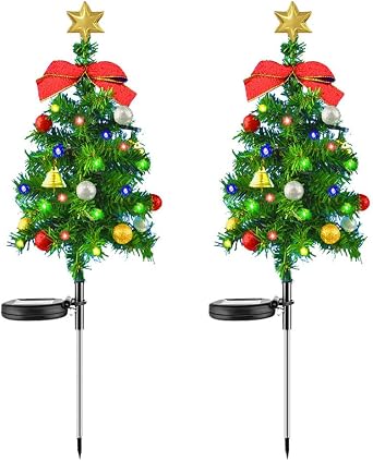 Set of 2 Outdoor Solar Christmas Trees, Waterproof Garden Pathway Lighting, Solar Xmas Tree with Bow and Bell, Pathway Lawn Patio Stake Lights [Energy Class A]