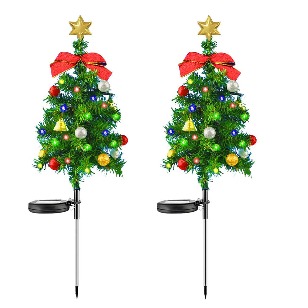 2 Set Solar Xmas Christmas Tree & Pathway Lights - Waterproof Outdoor Decor with Bow & Bell