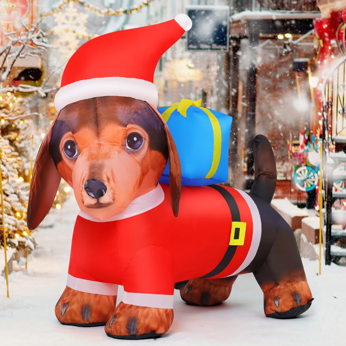 GOOSH Christmas Inflatable Dog Outdoor Decorations Blow Up Yard Dachshund Carrying Presents with Built-in LEDs for Indoor Party Garden Lawn Decor (4 FT Red)