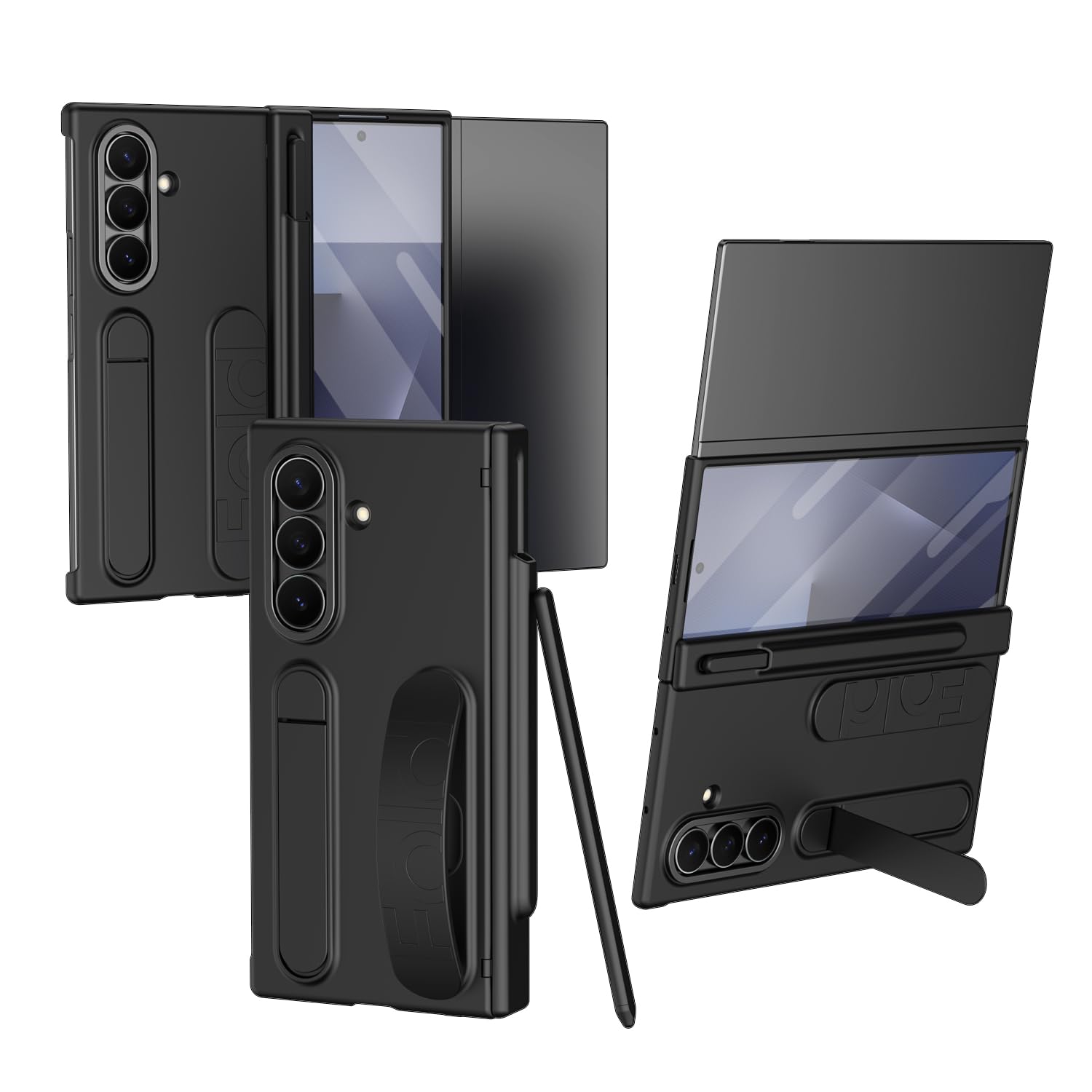 Pen for Samsung Galaxy Z Trifold Case with Card Holder & Finger Strap,Shockproof Hinge Screen Protector + Wallet + Stand Handle Grip for Galaxy Z Trifold Phone Case with S Pen Holder Men Black