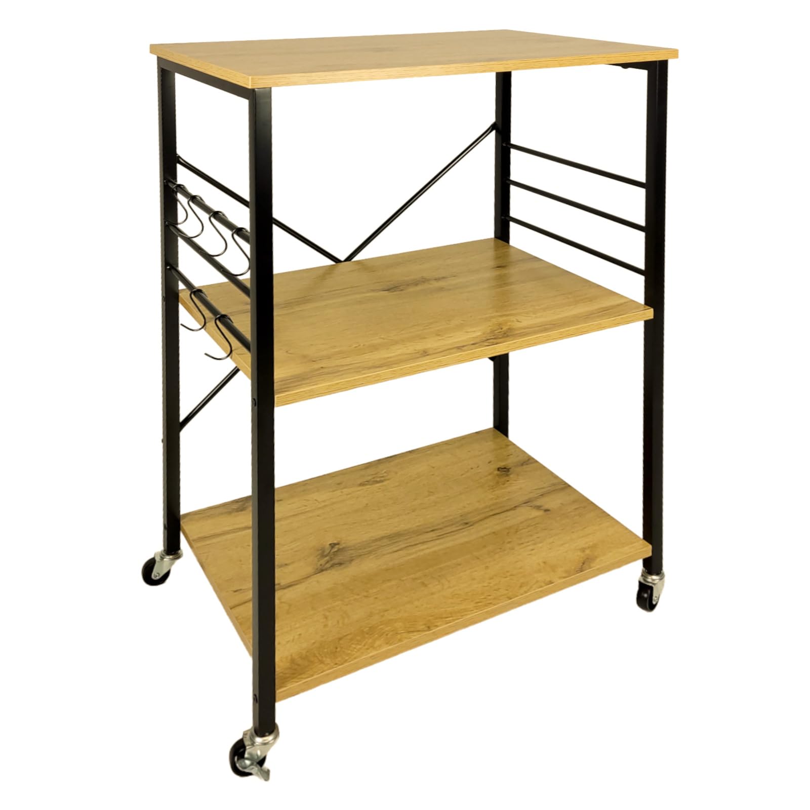 Küchenwagen auf Rollen 60 cm, Servierwagen in Eichenoptik mit 3 Ablagen, Haken und Feststellrollen, Küchenregal mit Metallgestell für Küche und Essbereich, 60 x 40 x 90 cm