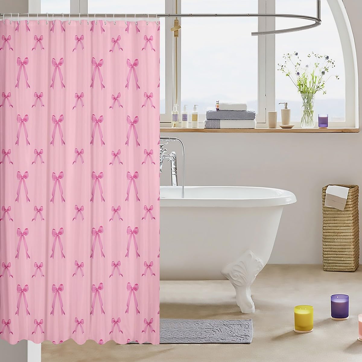 Feelyou Kids Pink Bow Shower Curtain,Cute Bowknot Fabric Shower Curtain,Dreamy Princess Style Bathroom Waterproof Accessories with 12 Hooks,Kawaii Bow Tie Curtains 72"x78"
