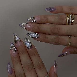 Glitter Press on Nails With Glue Purple Glossy Medium Almond Shaped Nails Gold Line Fake Nails Artificial Fingernails Full Coverage Acrylic Stick on Nails for Women DIY Spring Manicure