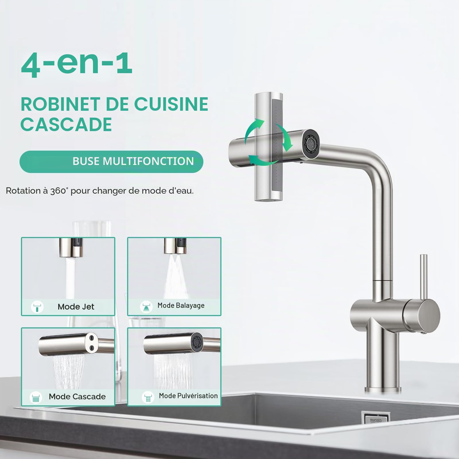 Faustina Robinet Évier de Cuisine avec Douchette 4 Fonctions Extensible, Mélangeur Monocommande Monotrou