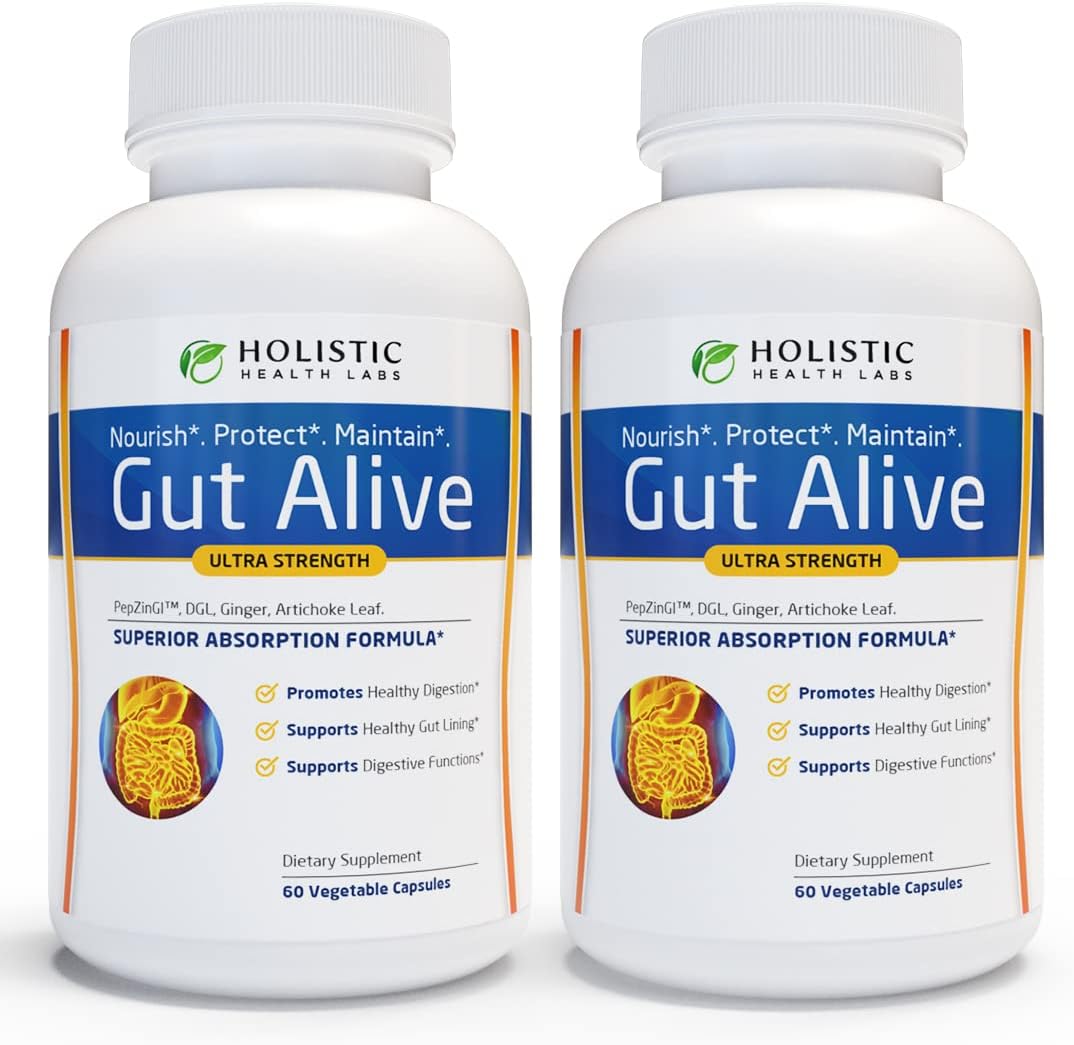 Holistic Health Labs Gut Alive - All Natural Support to Fight IBS, Heartburn, Acid Indigestion, Acid Reflux, Bloating & Gas. Unique Formulation (60 Count (Pack of 2))
