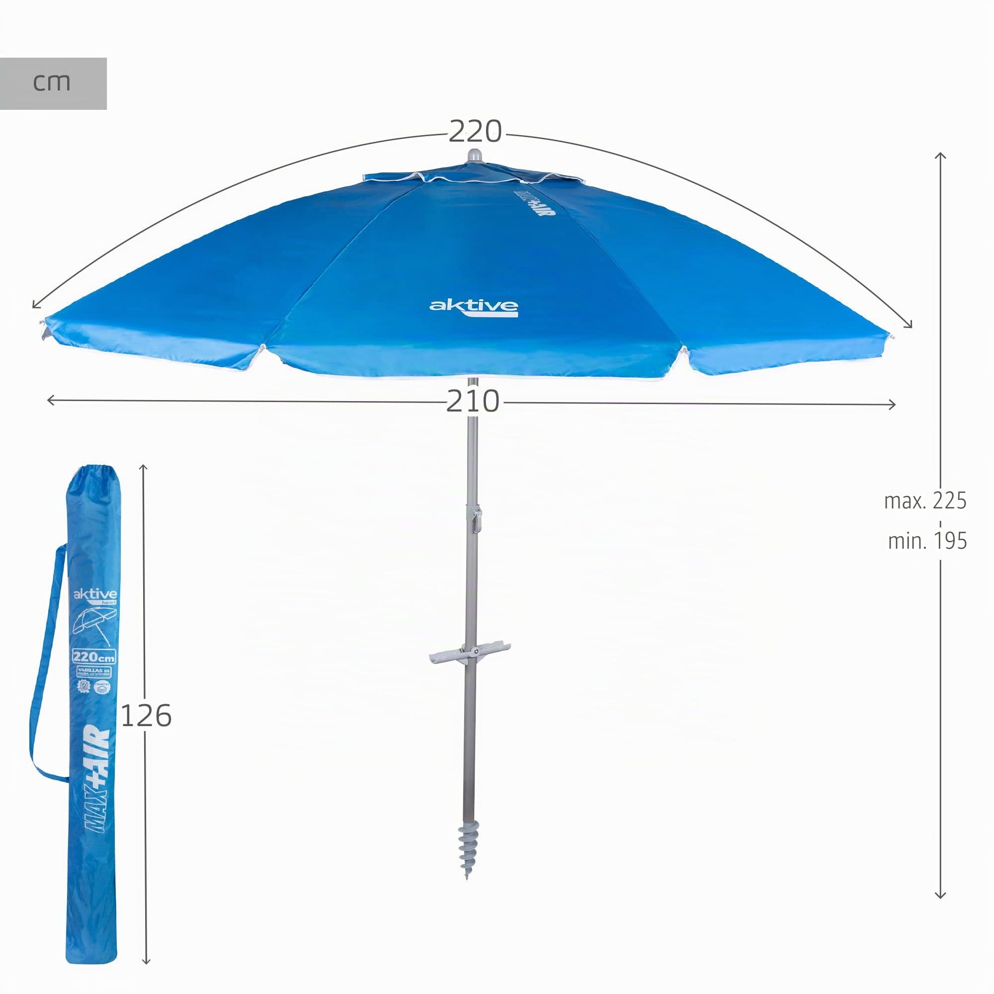 AKTIVE 62274 - Parasol de Plage Pliable et Inclinable Bleu Ø210 cm, Protection UV50, Brise-Vent de Plage