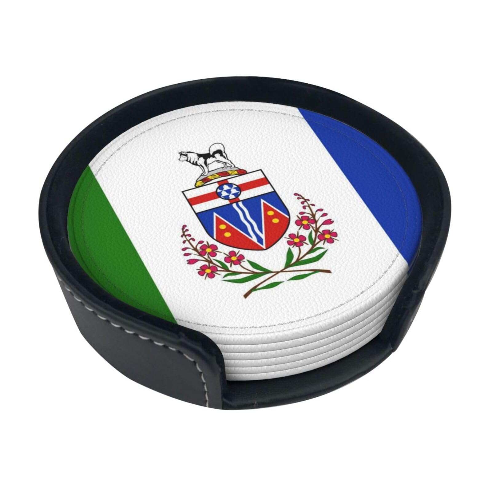 Flag of Yukon Leather Coasters-Set of 6 with Storage Holder